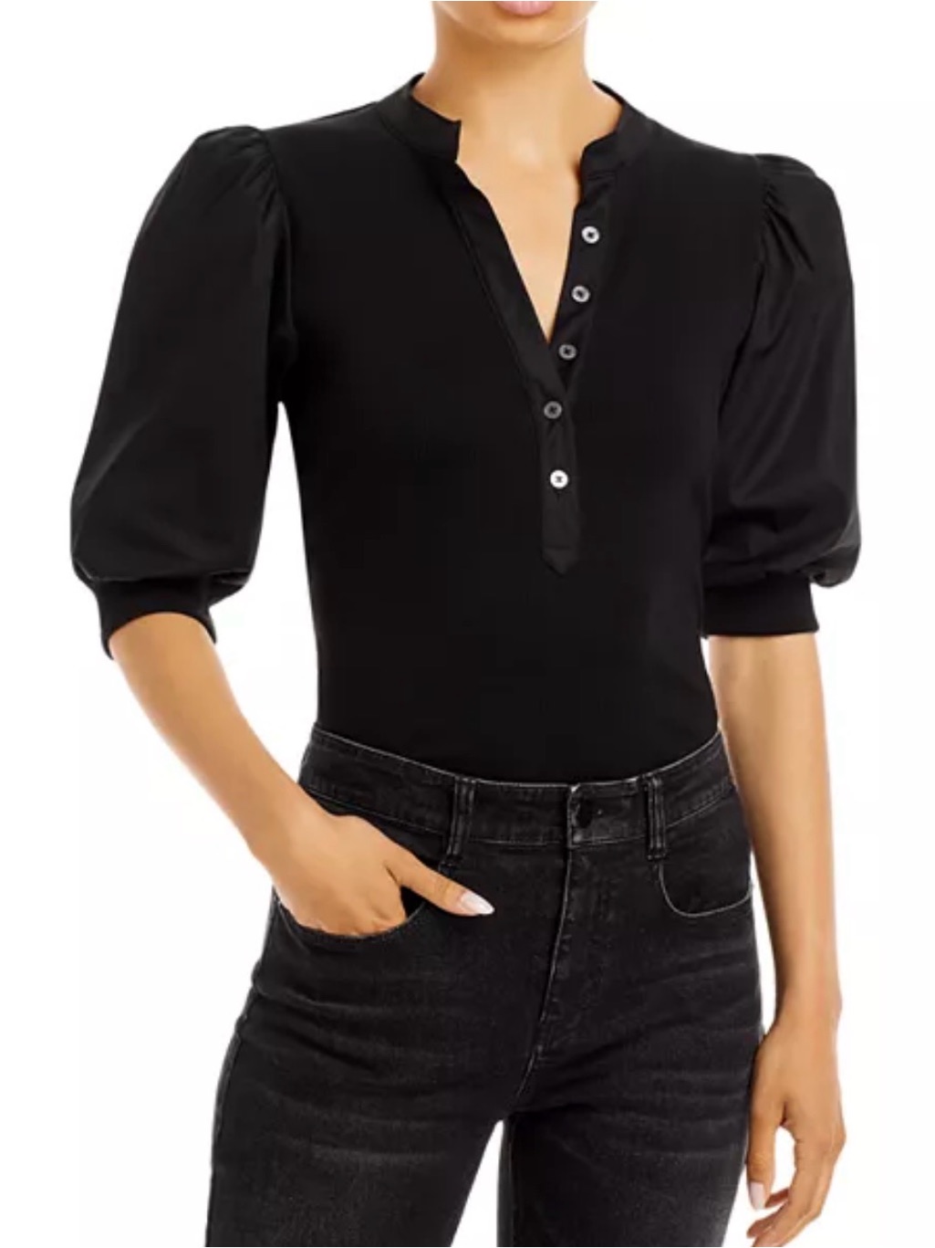 Veronica Beard Coralee Puff Sleeve Half Ribbed Black Top Shirt Blouse Small S